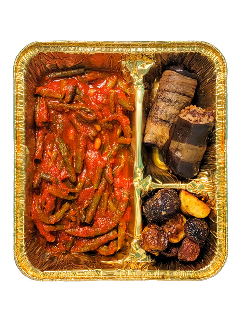 Eggplant Roll-up, Roasted Potatoes, And Saucy String Beans(Meat)