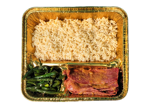 Glazed Corned Beef, White Rice, and Roasted String Beans with Garlic (Meat)