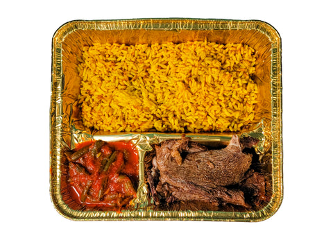 Roast with Gravy, Yellow Rice, and Saucy String Beans (Meat)